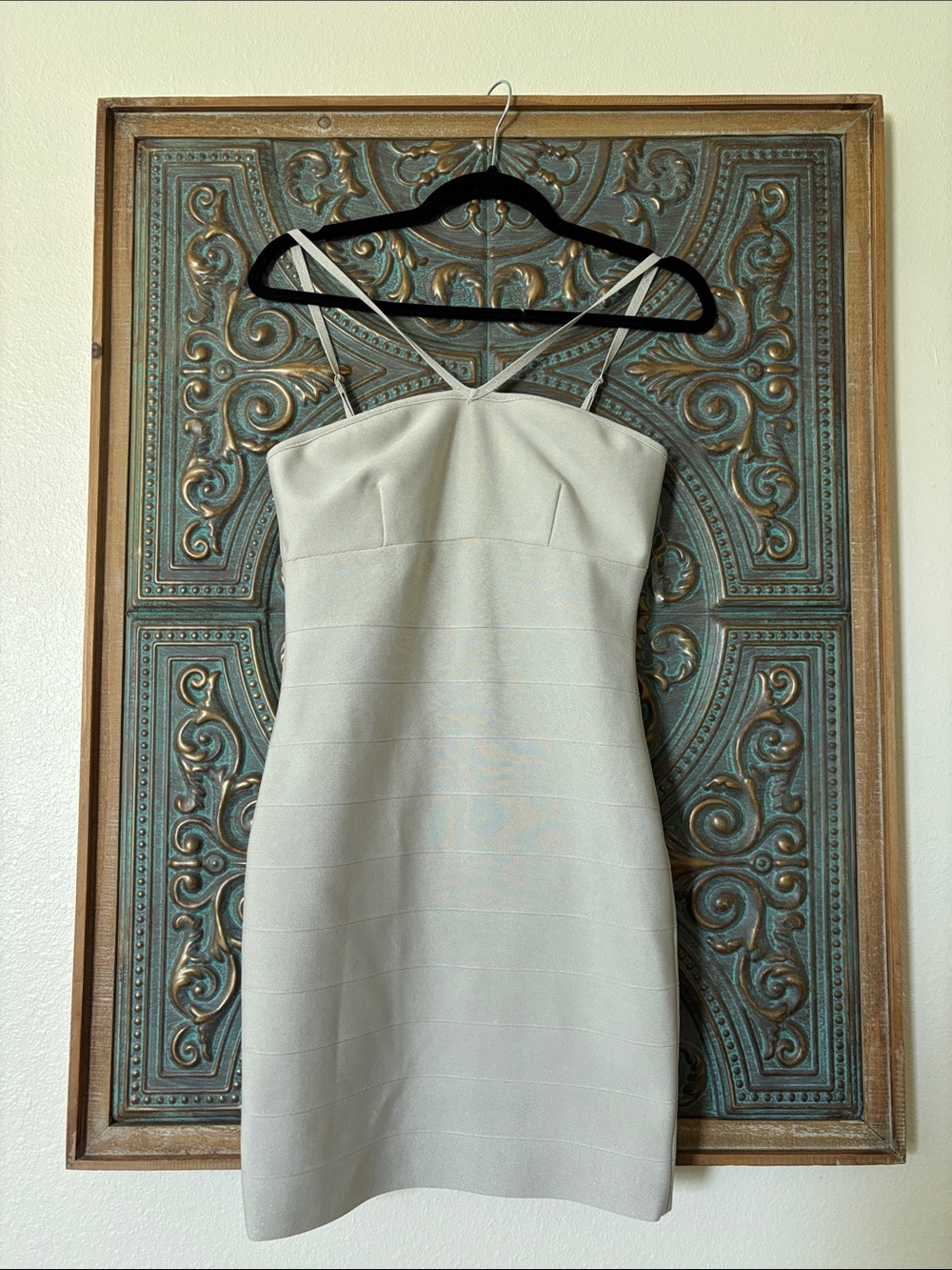 Fashion Nova Cream Strappy V-Neck Bodycon Mini Dress